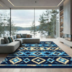 Indigo Blue Ikat Tribal Diamond Stripe Rug