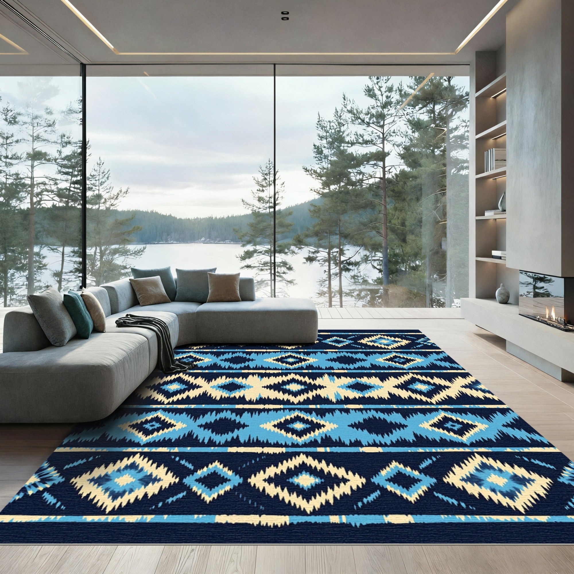 Indigo Blue Ikat Tribal Diamond Stripe Rug