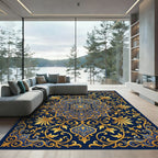 Golden Floral Medallion Navy Ornate Tapestry Rug
