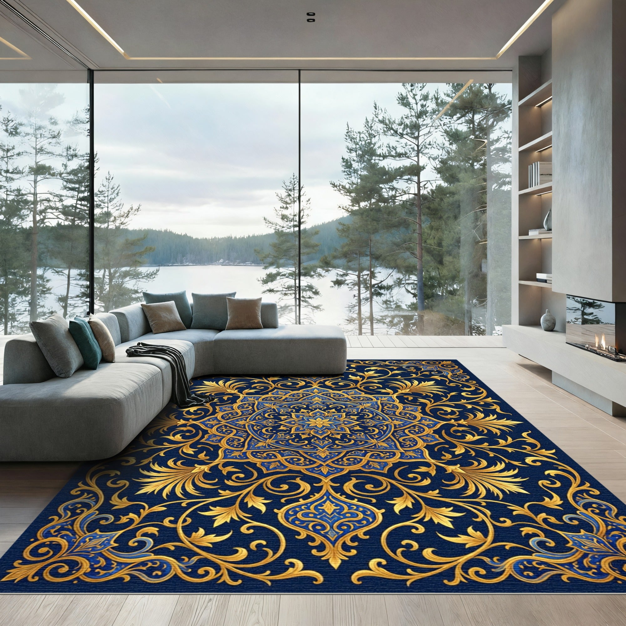 Golden Floral Medallion Navy Ornate Tapestry Rug