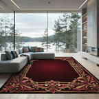 Ornate Crimson Gold Filigree Frame Rug