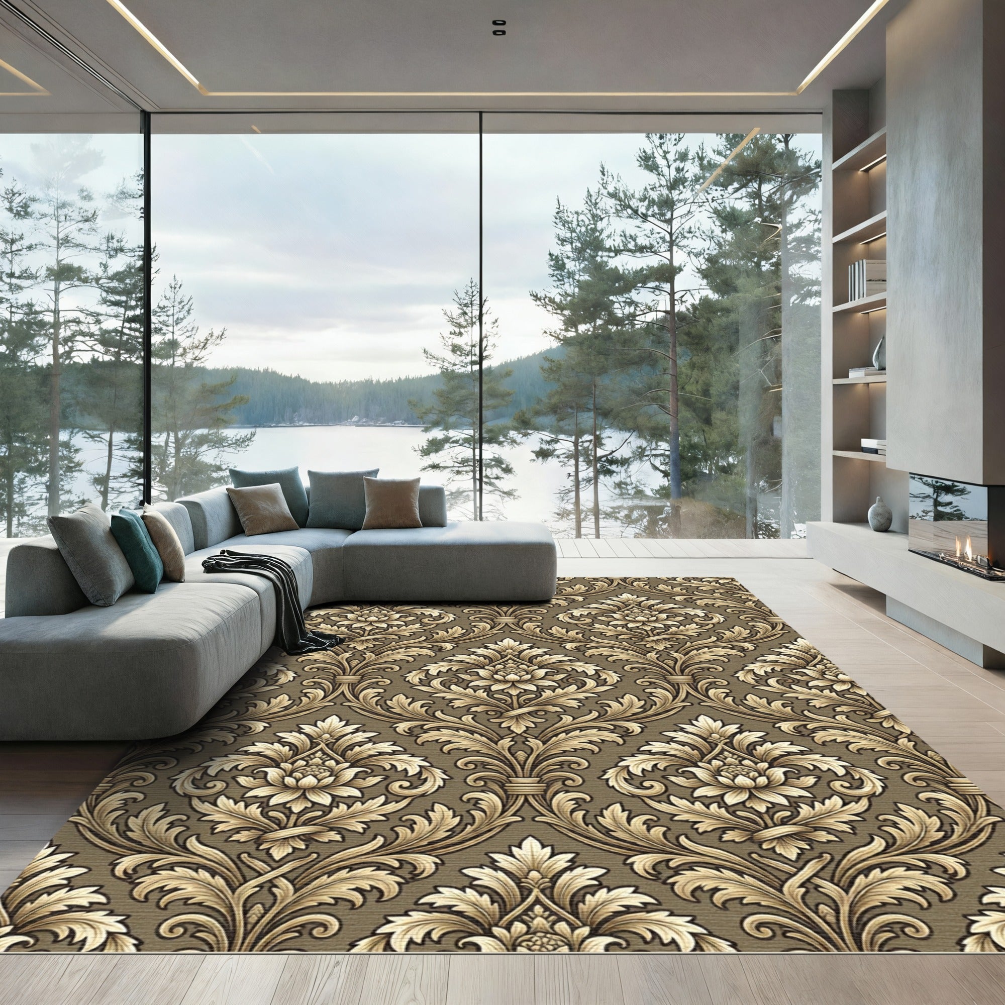 Antique Gold Damask Floral Medallion Rug