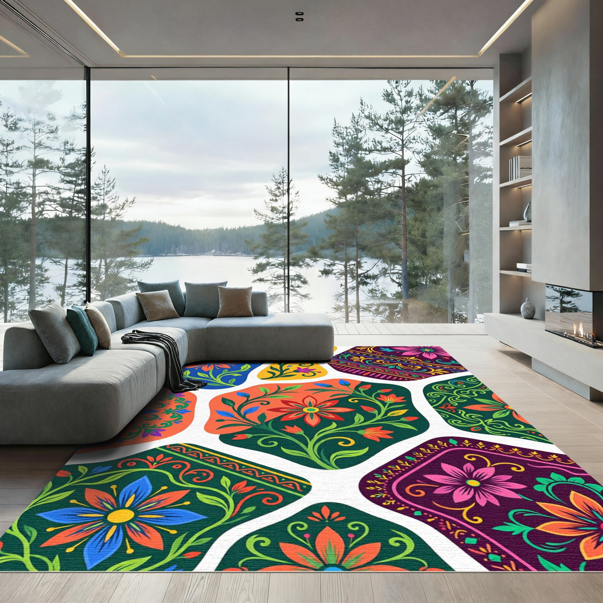 Vibrant Floral Medallion Folk Elements Rug