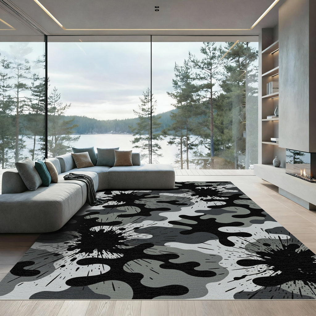 Monochrome Grayscale Ink Splatter Camouflage Rug