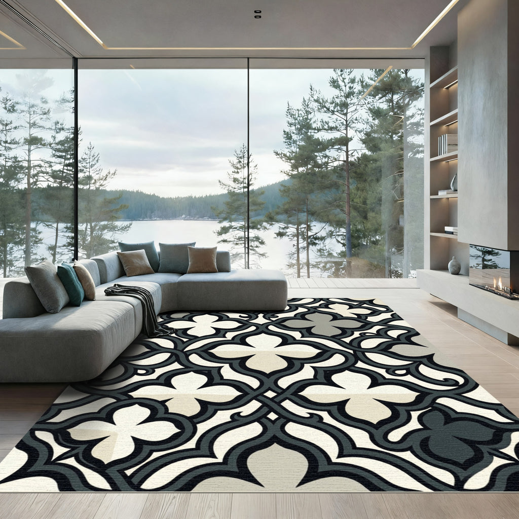 Elegant Charcoal and Cream Scalloped Quatrefoil Rug