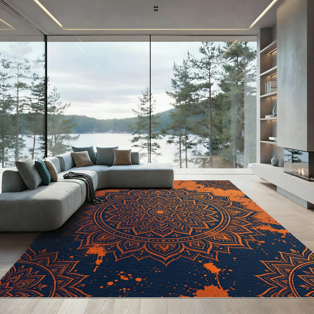 Orange Mandala Splatter Art Rug