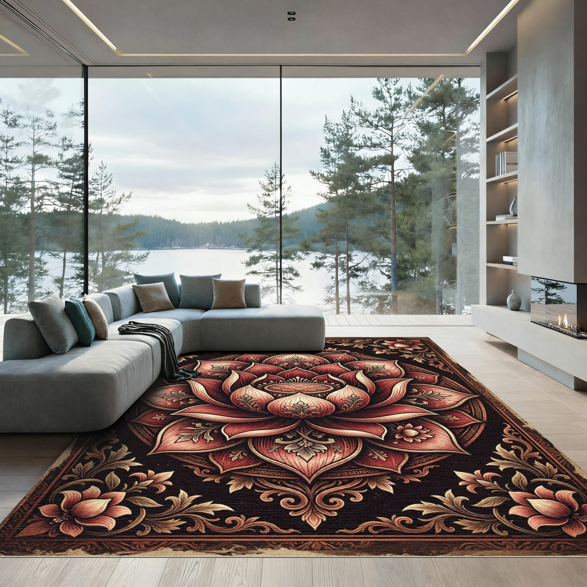 Ornate Crimson Lotus Floral Medallion Rug