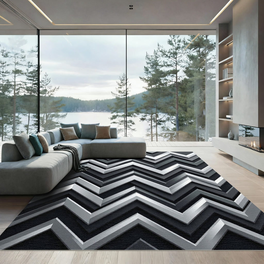 Modern Silver Chevron Zigzag Art Rug