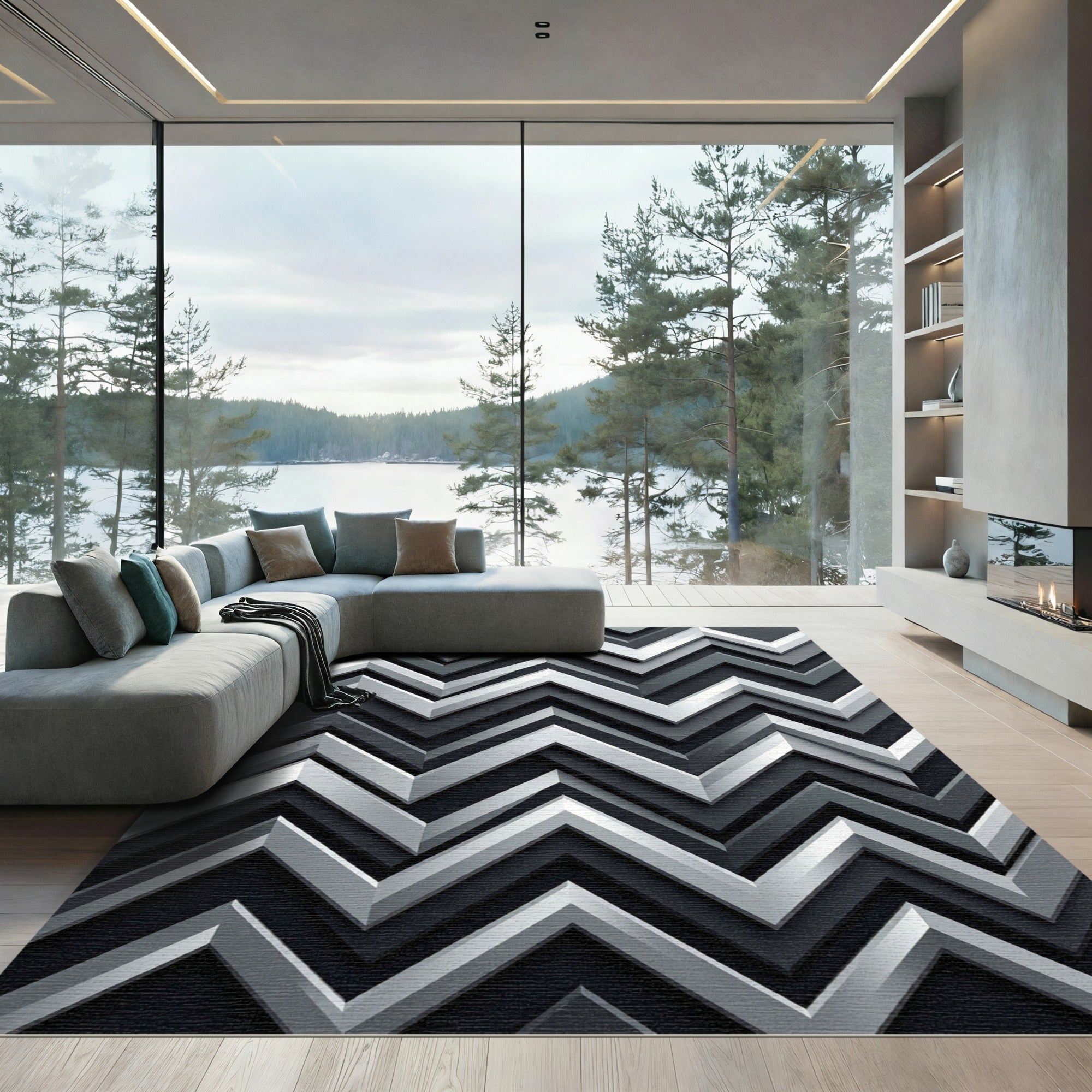 Modern Silver Chevron Zigzag Art Rug