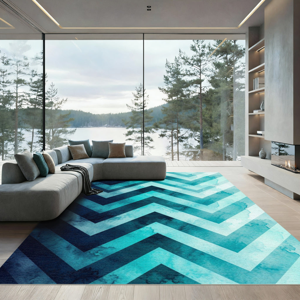 Watercolor Teal Chevron Gradient Wave Rug