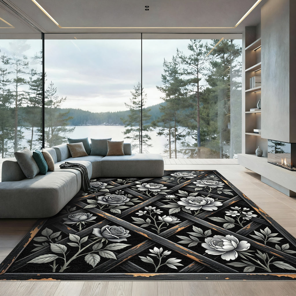 Monochrome Rose Lattice Floral Rug