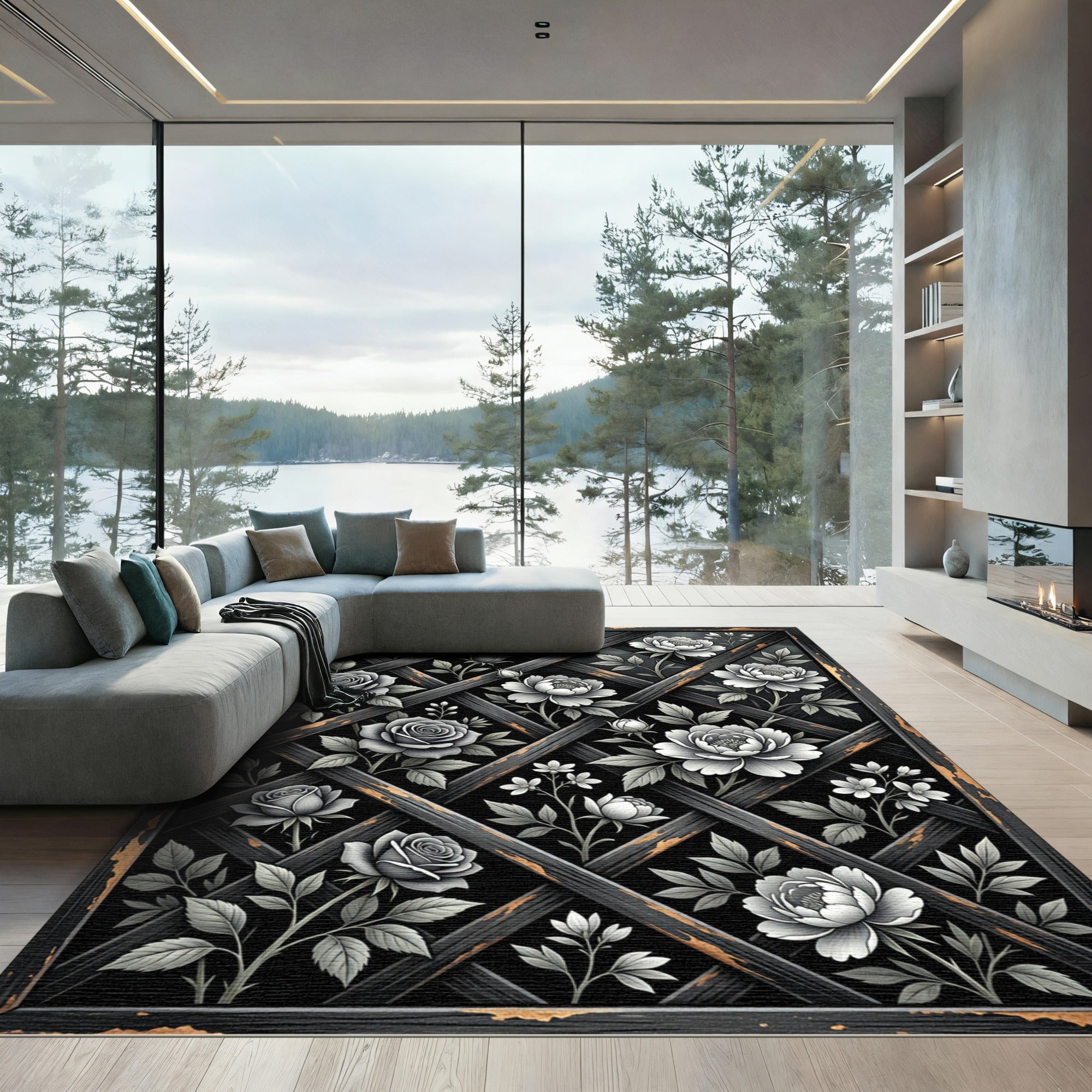 Monochrome Rose Lattice Floral Rug