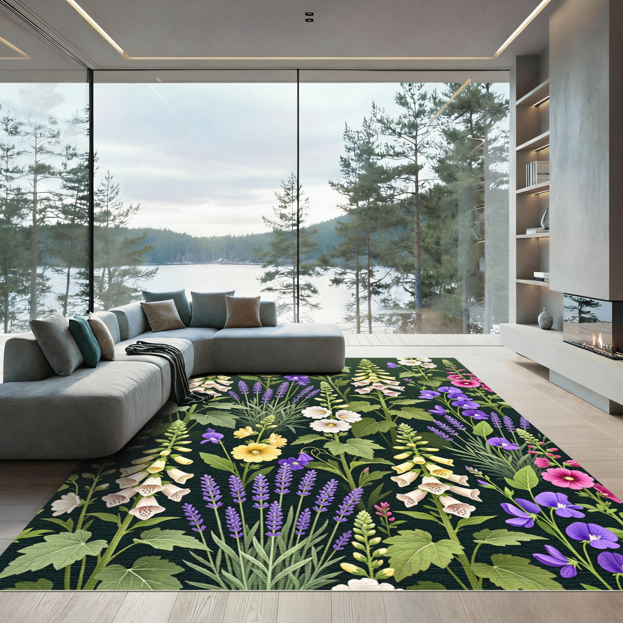 White Yellow Purple Lavender Garden Blossoms Rug