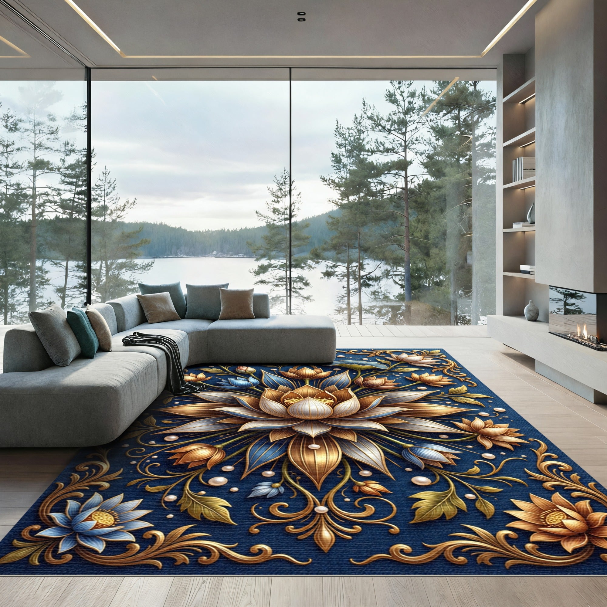 Golden Lotus Floral Navy Luxury Rug