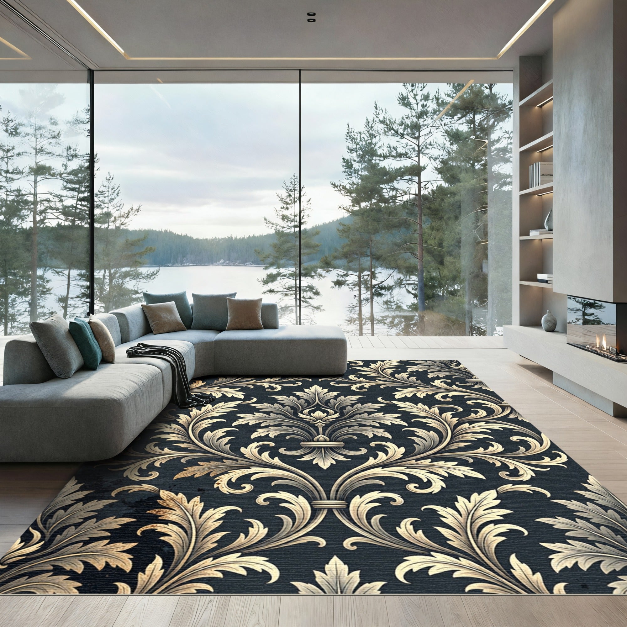 Elegant Charcoal Gold Damask Scroll Rug