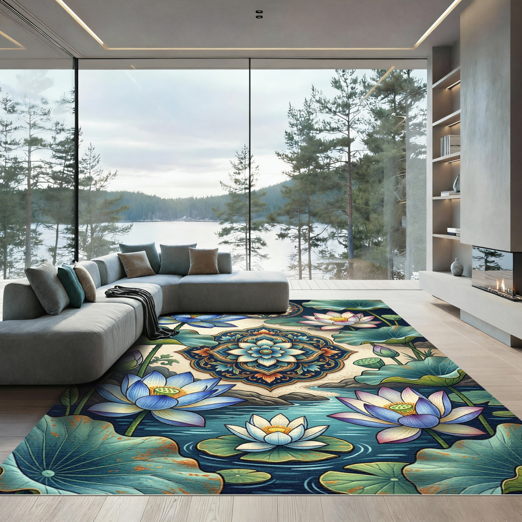 Elegant Blue Lotus Mandala Floral Rug