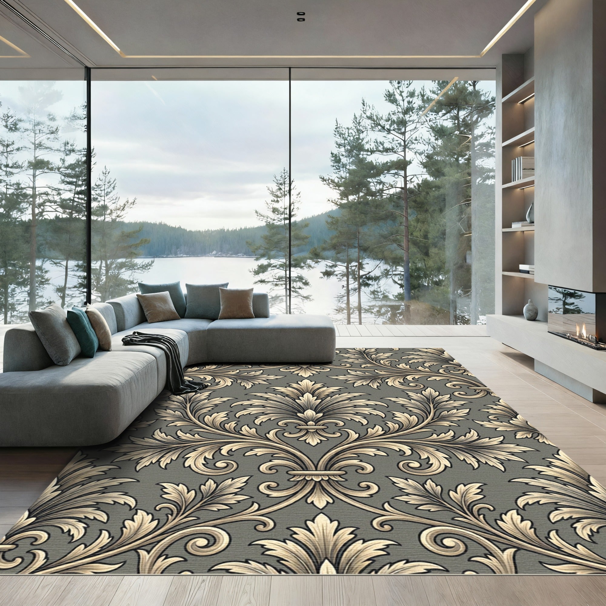 Elegant Gray Filigree Damask Scroll Rug