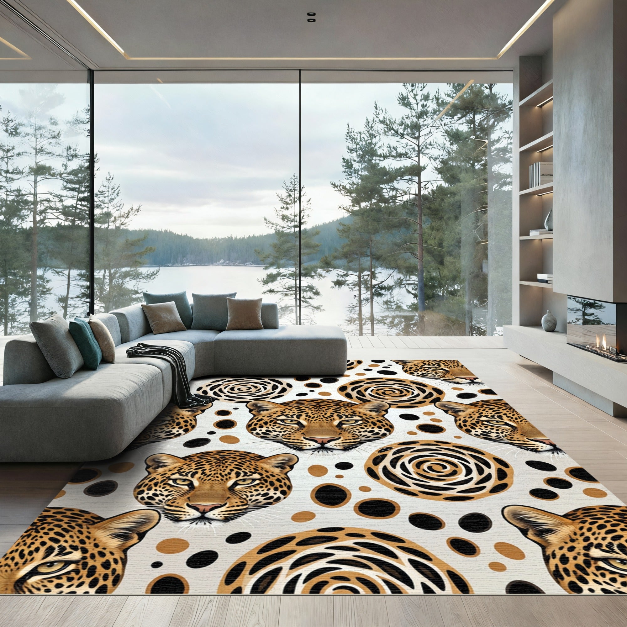 Leopard Faces Swirl Dots Composition Rug
