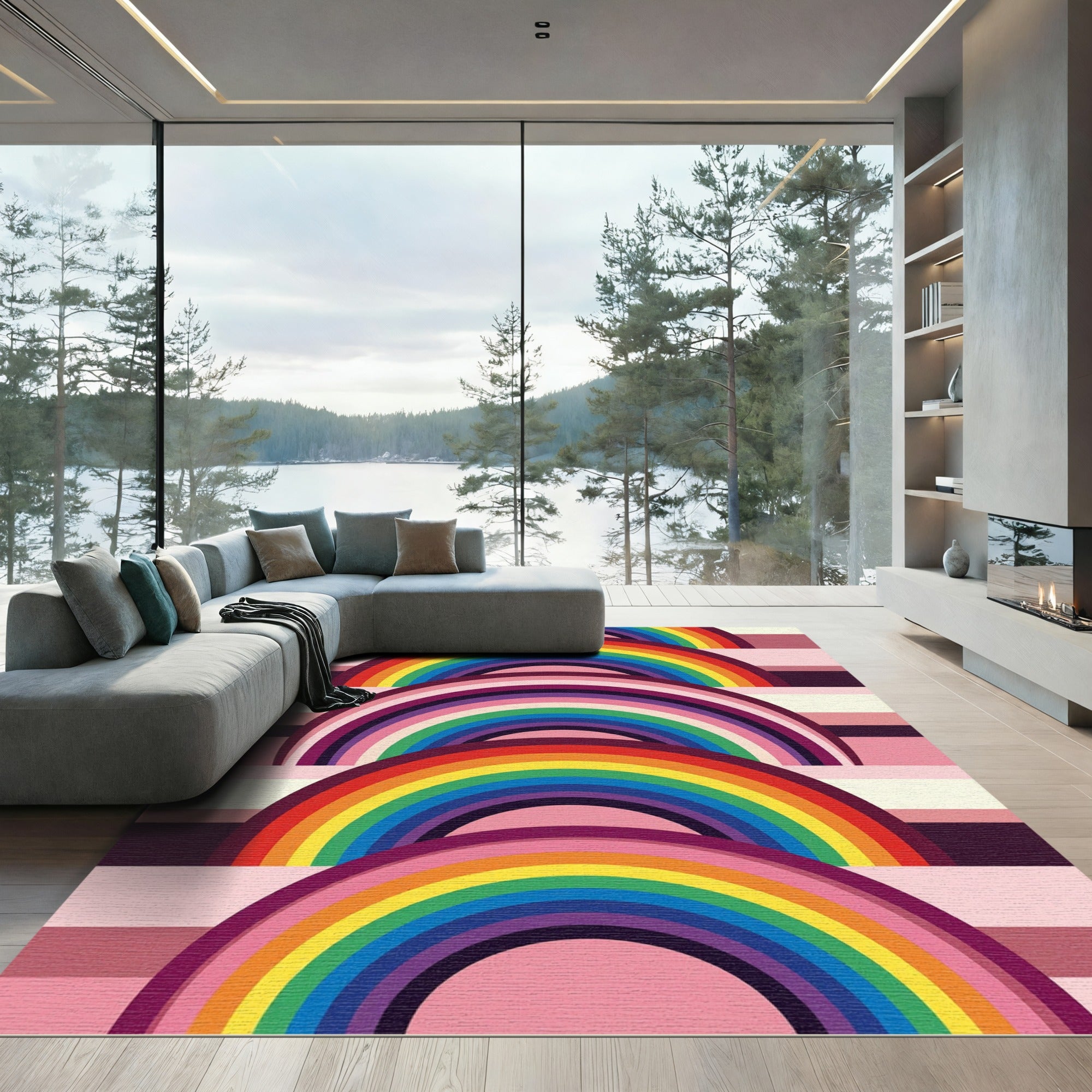Row of Vibrant Rainbow Arches Rug