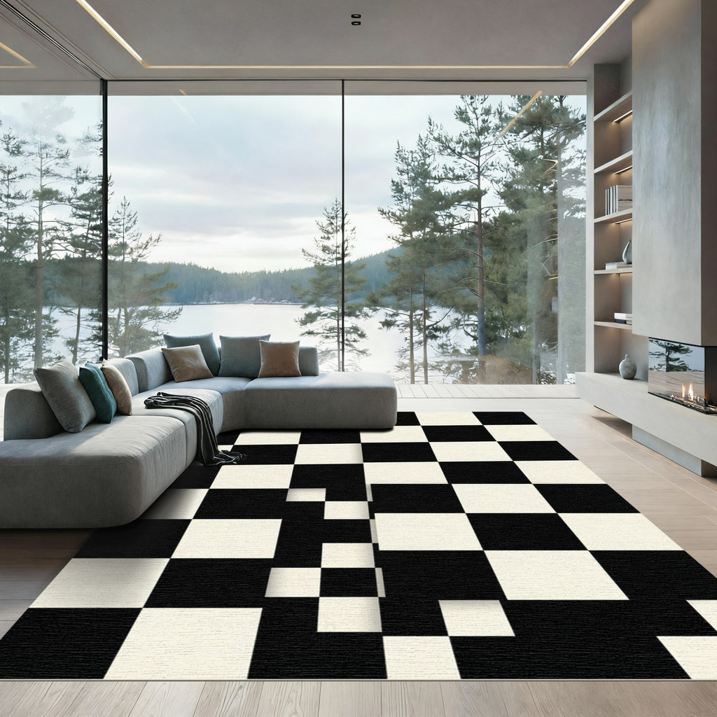 Minimalist Black and White Checkered Grid Rug