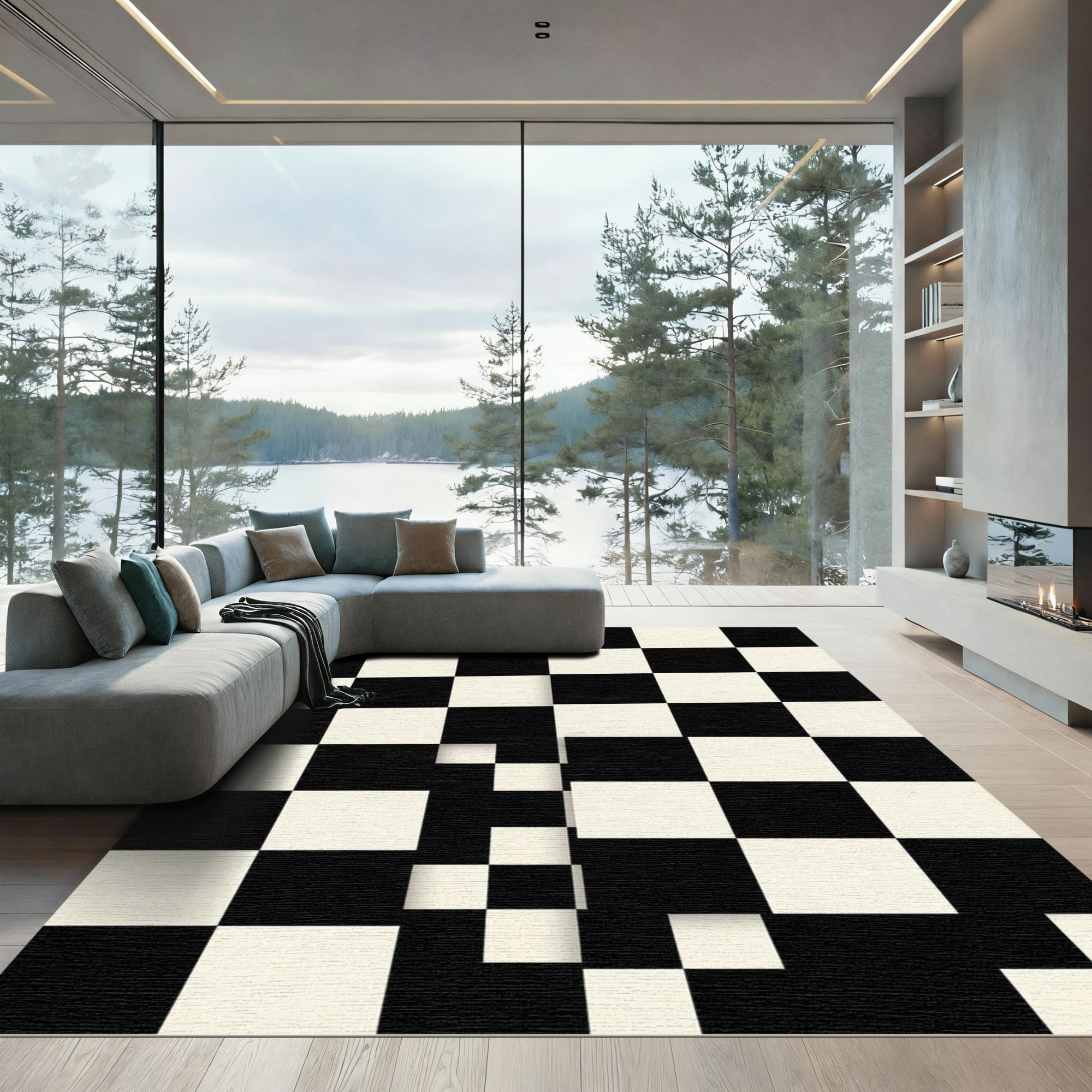 Minimalist Black and White Checkered Grid Rug
