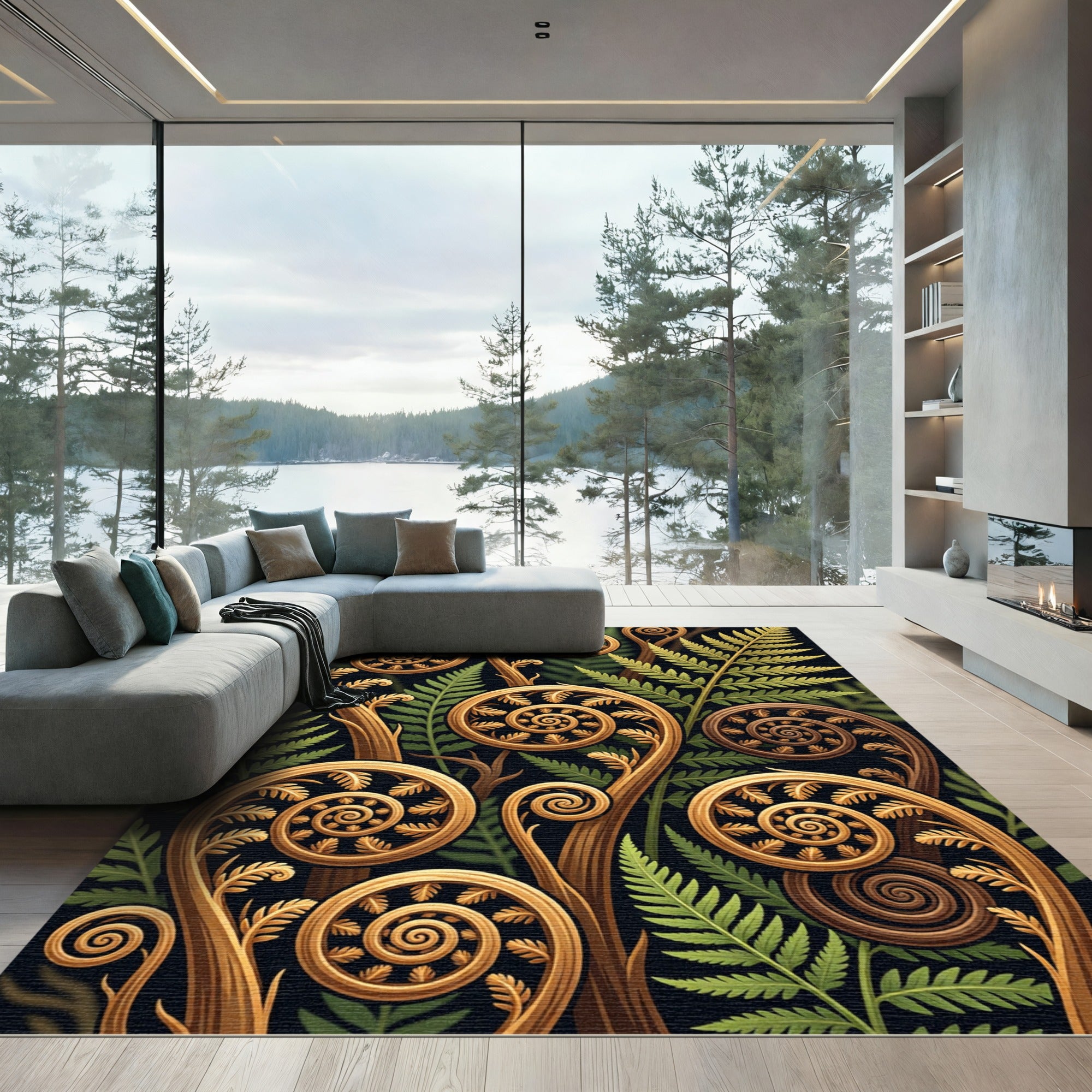 Golden Fern Frond Swirls Botanical Rug