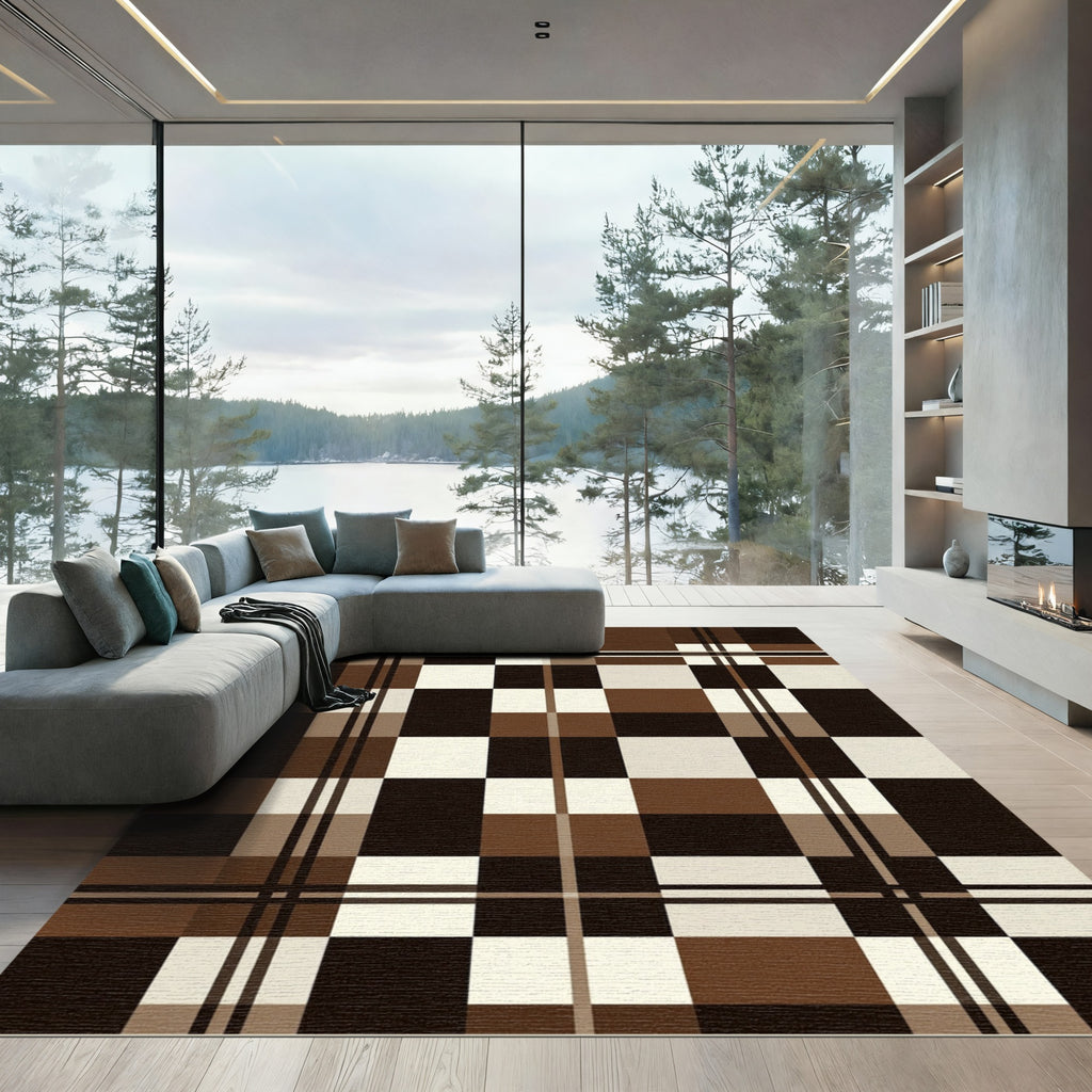 Modern Chocolate and Cream Plaid Rug