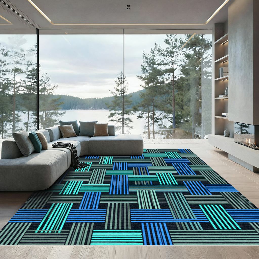 Modern Blue Grid Woven Texture Rug