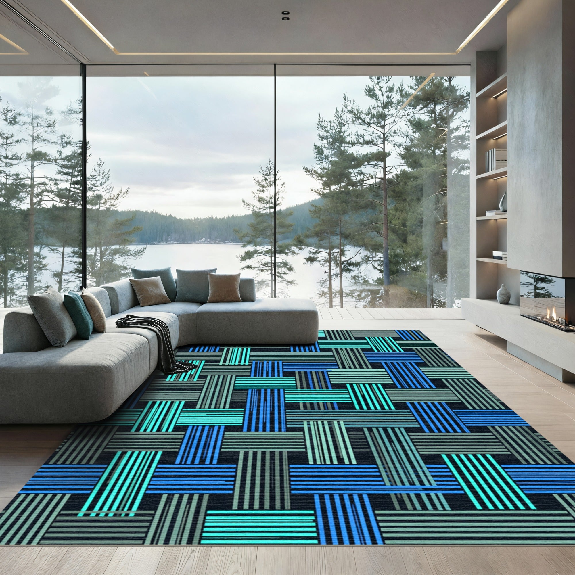 Modern Blue Grid Woven Texture Rug