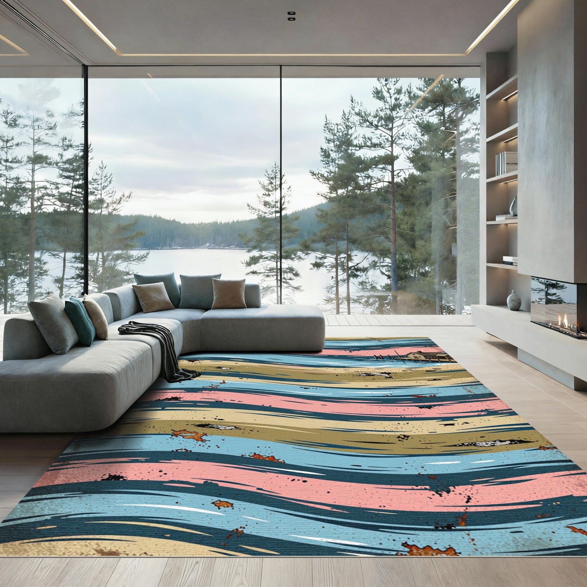 Vintage Coastal Cabin Wavy Striped Art Rug
