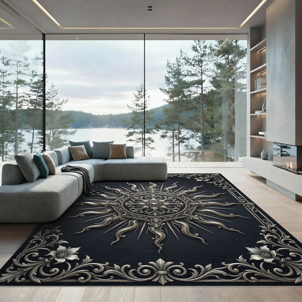 Ornate Silver Sun Filigree Border Rug