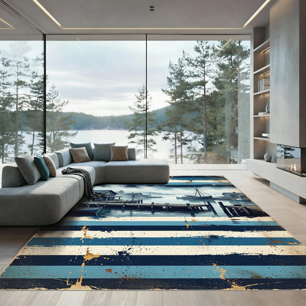 Coastal Harbor Scene Blue Striped Rug