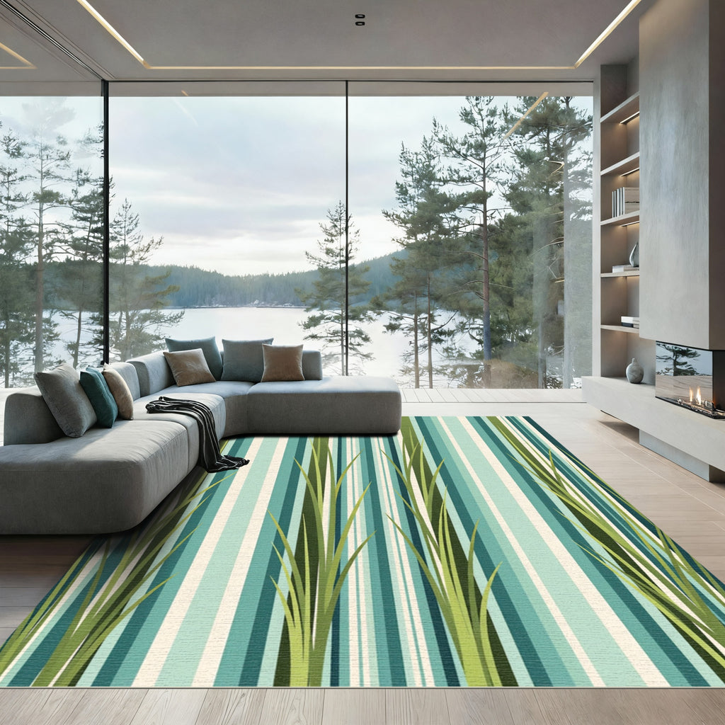 Coastal Green Grassy Stripes Rug
