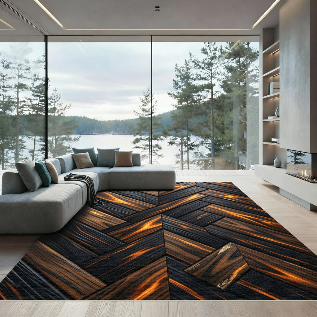 Dark Wood Grain Herringbone Fire Rug
