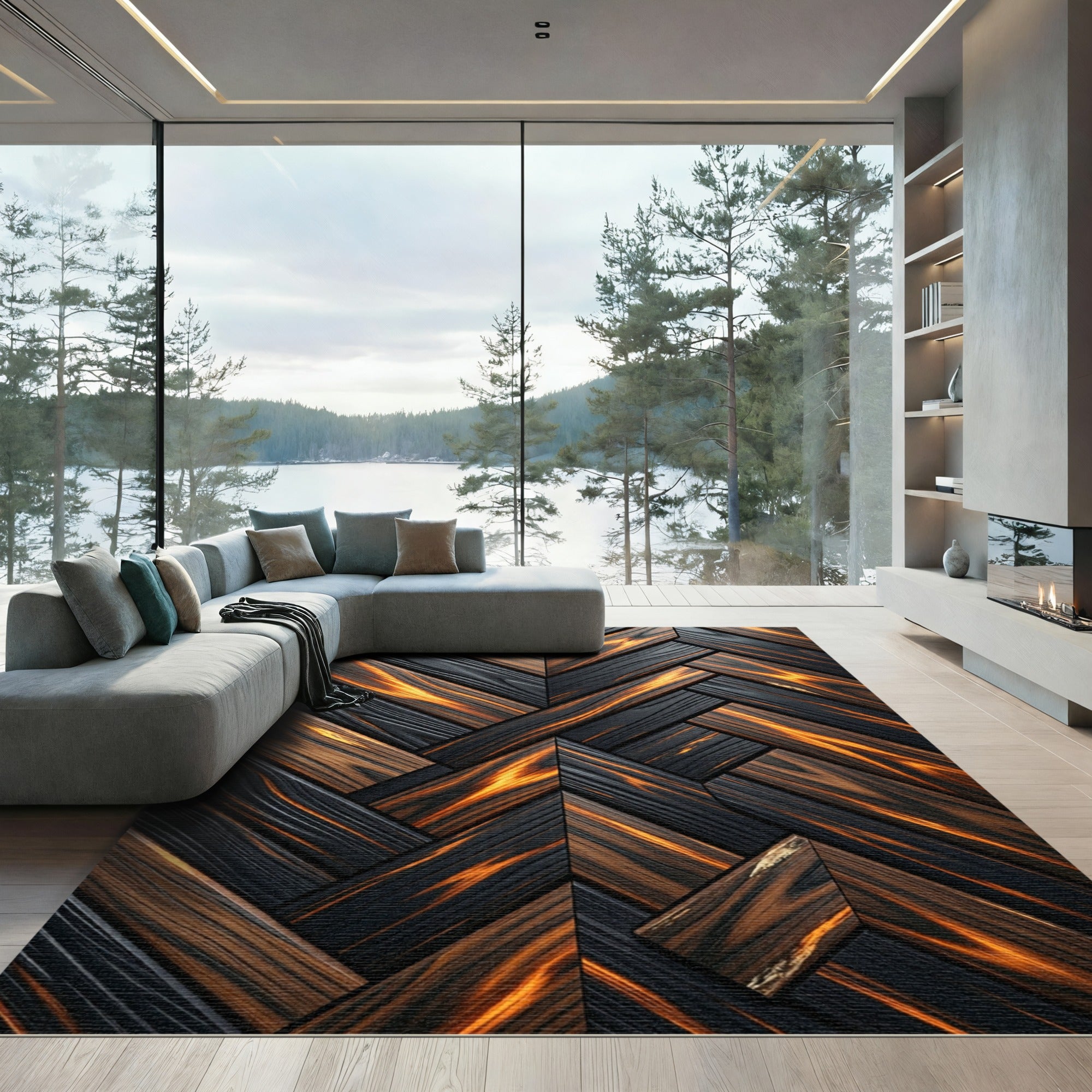 Dark Wood Grain Herringbone Fire Rug
