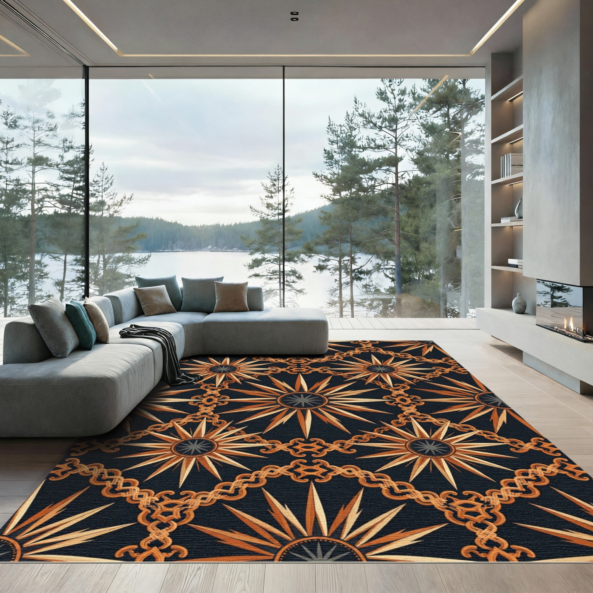 Gilded Celestial Sunburst Interlocking Chain Rug