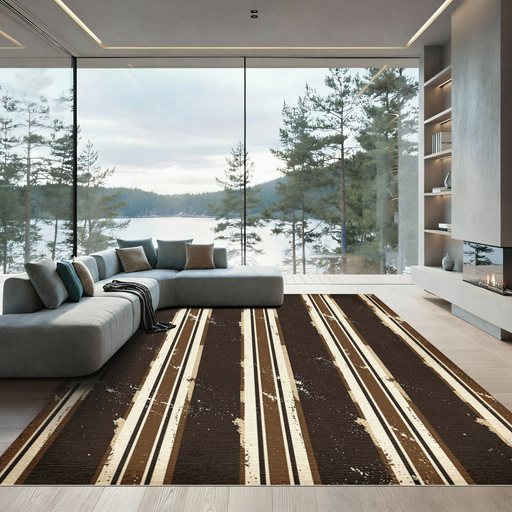 Rustic Brown Cream Distressed Stripe Rug