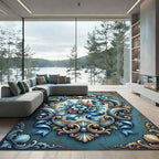 Ornate Blue Floral Baroque Scroll Rug