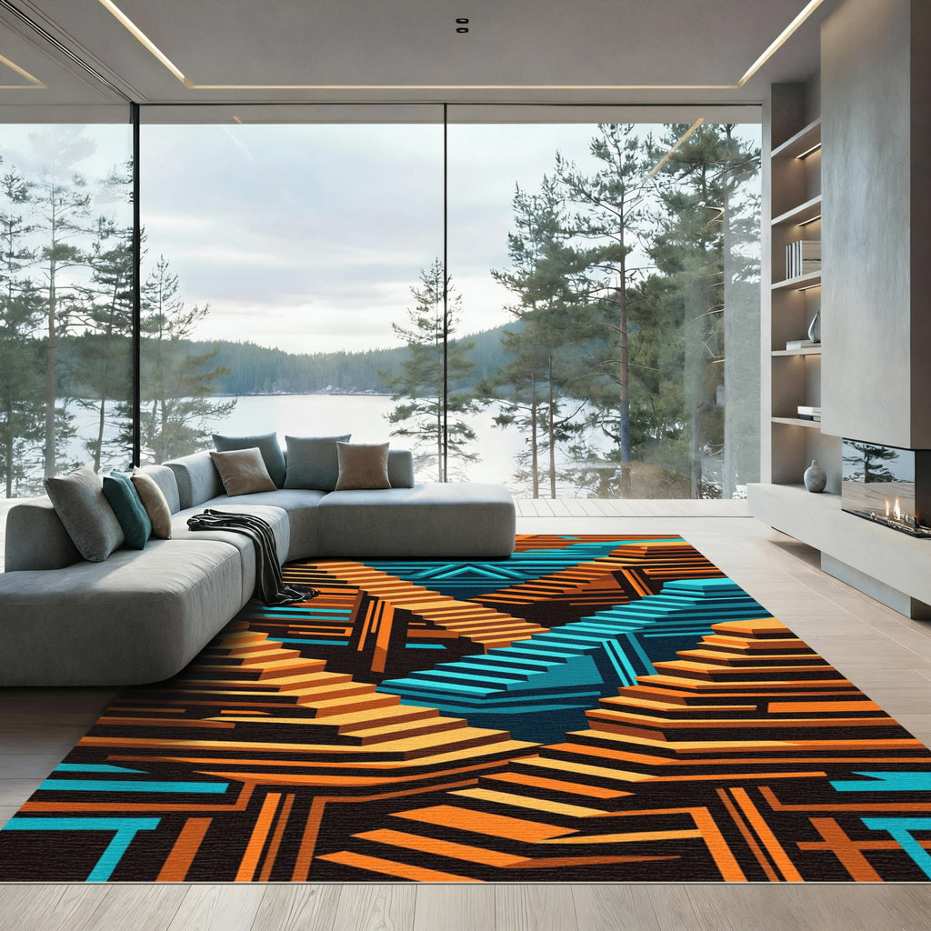 Geometric Staircase Abstract Orange Cyan Art Rug