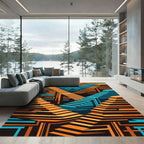 Geometric Staircase Abstract Orange Cyan Art Rug