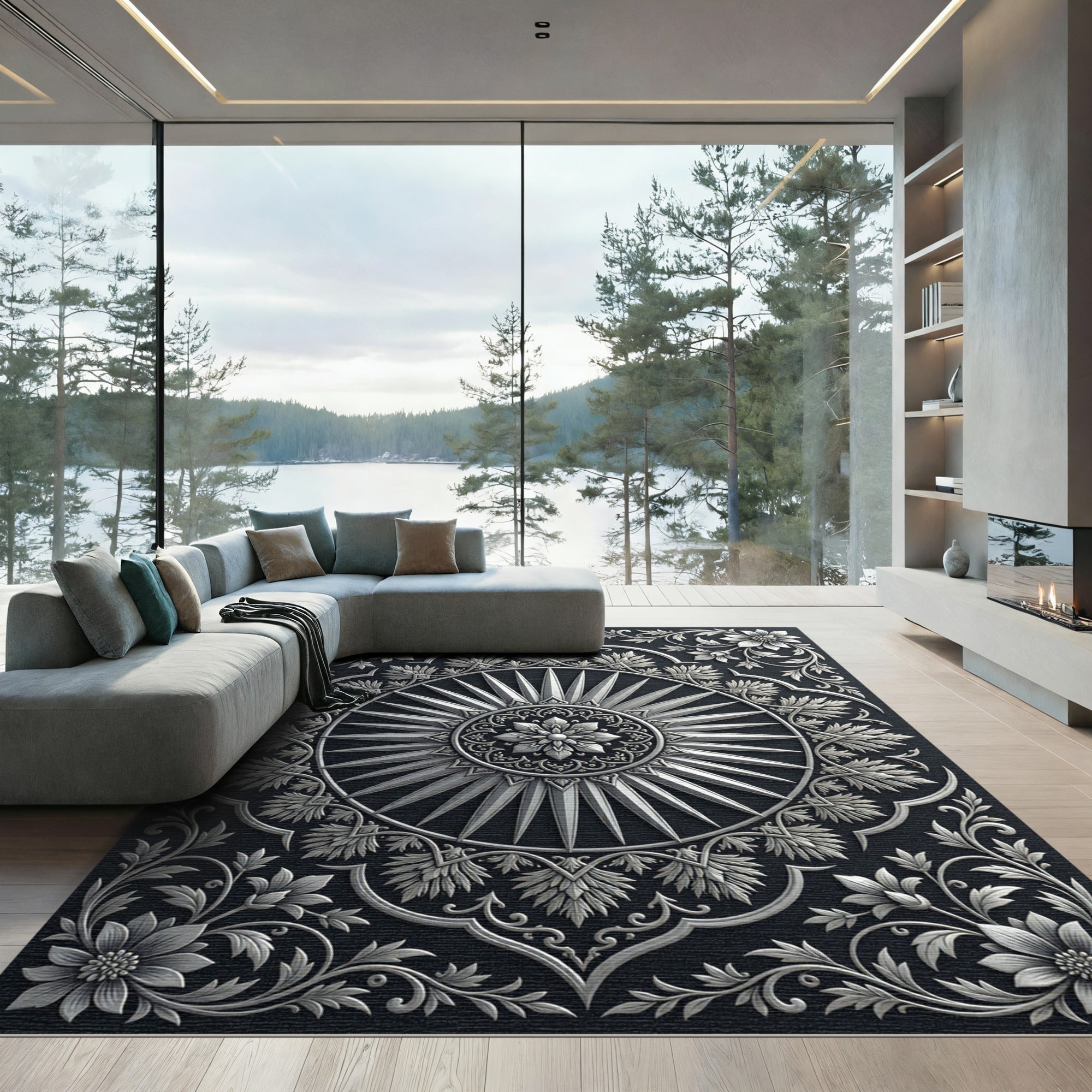 Silver Floral Sunburst Mandala Rug
