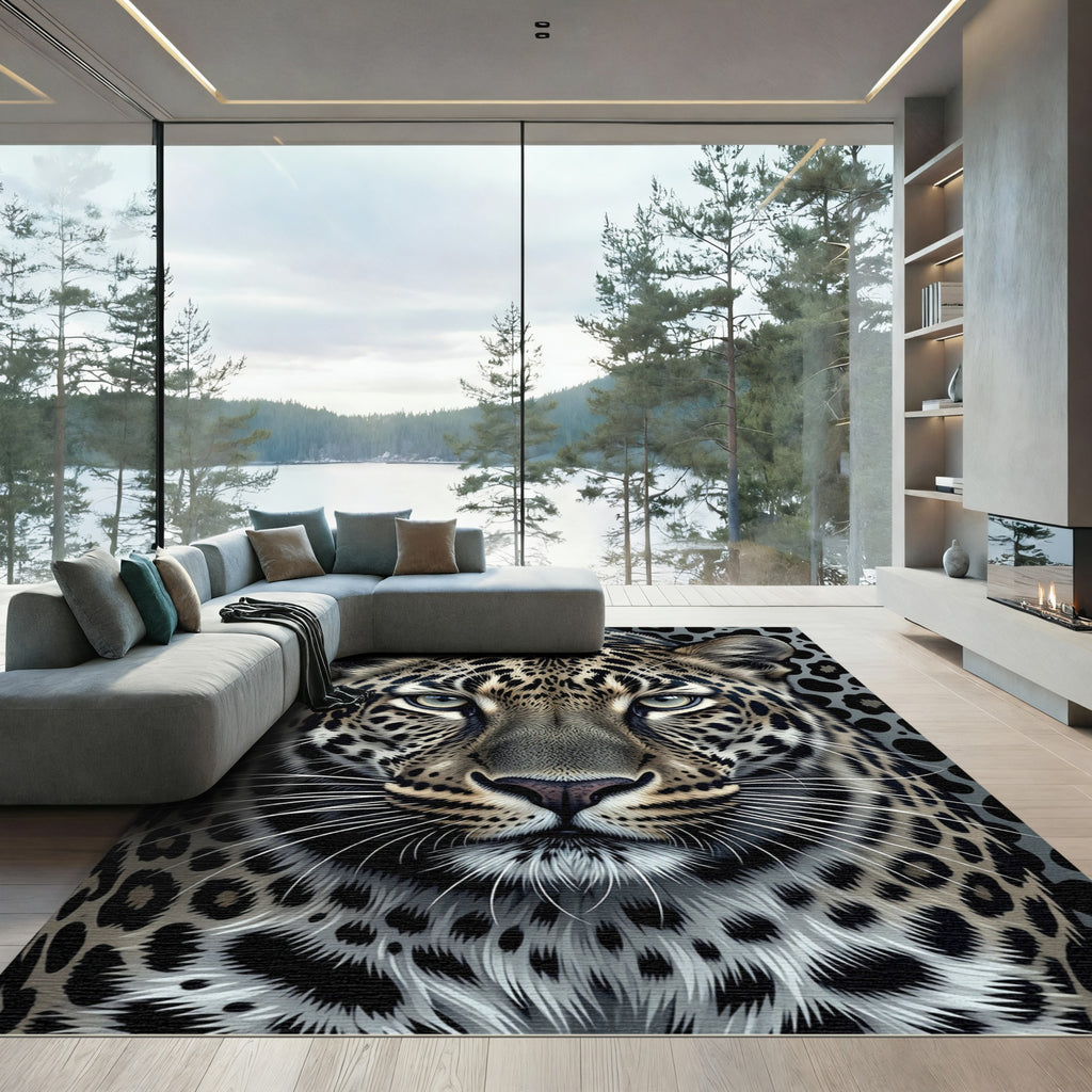 Realistic Leopard Spot Animalistic Portrait Rug