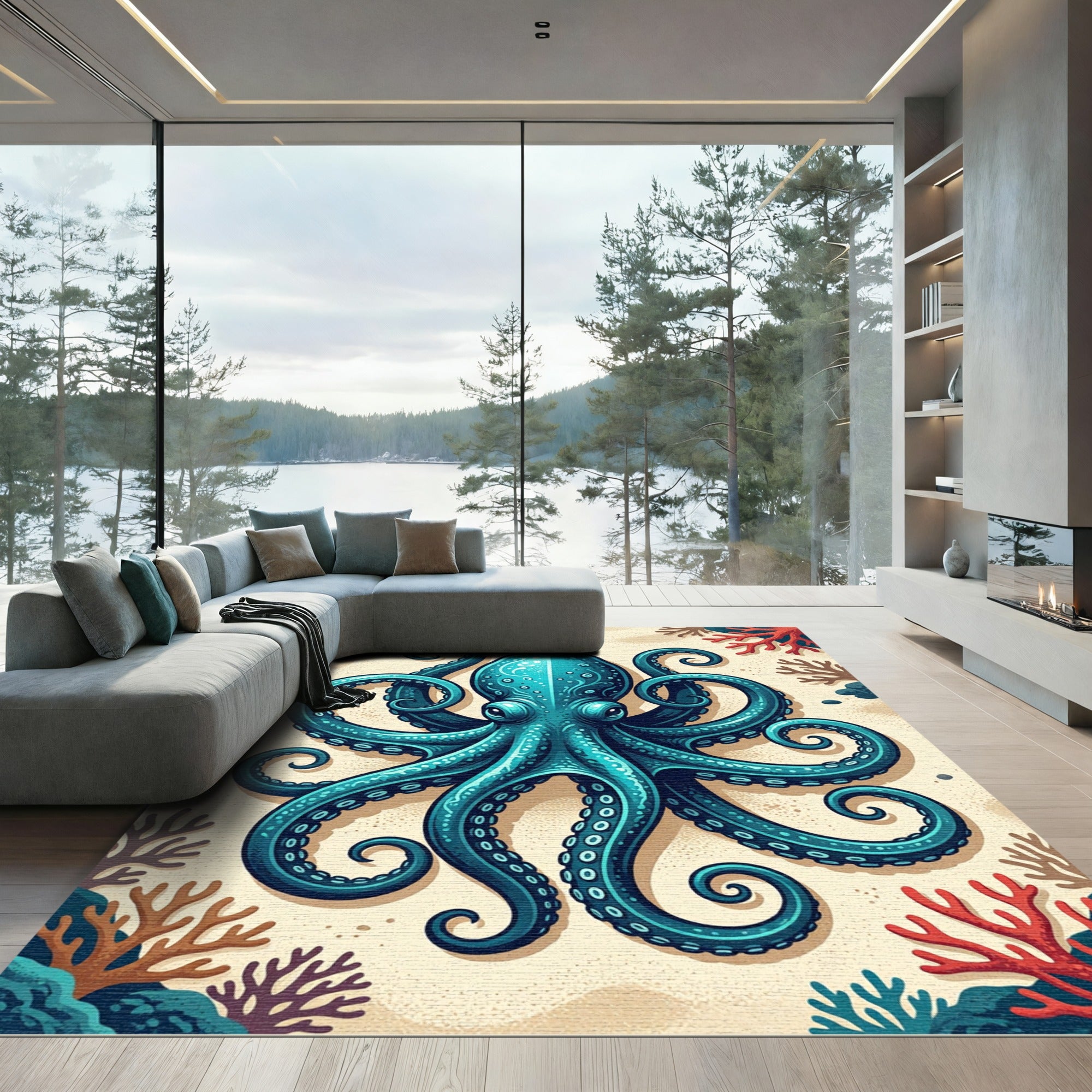 Vibrant Teal Octopus Coastal Coral Rug