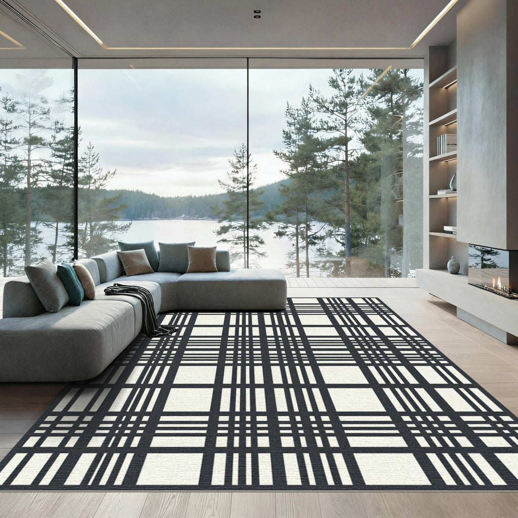 Classic Black and White Plaid Tartan Rug