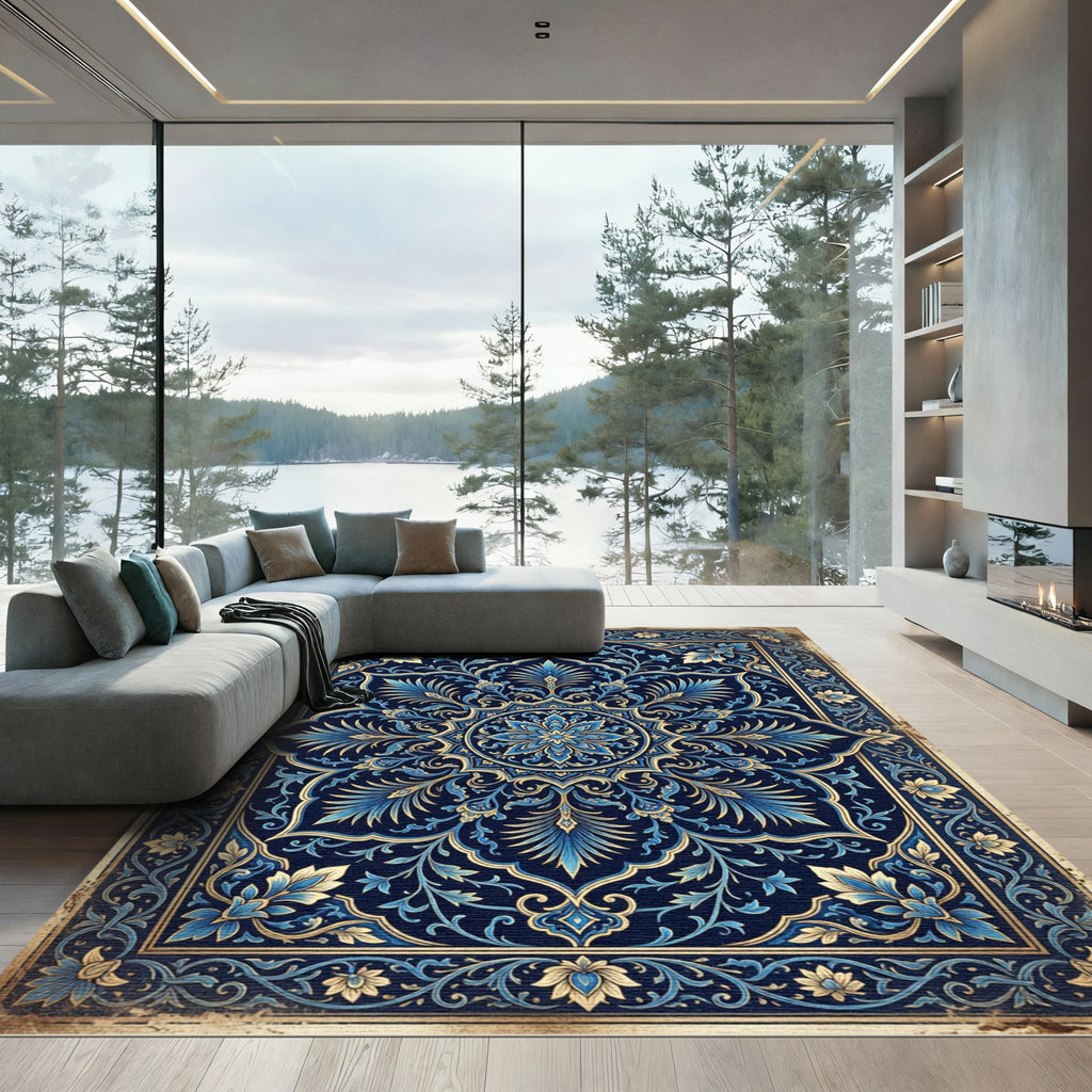 Royal Blue Gold Filigree Medallion Rug