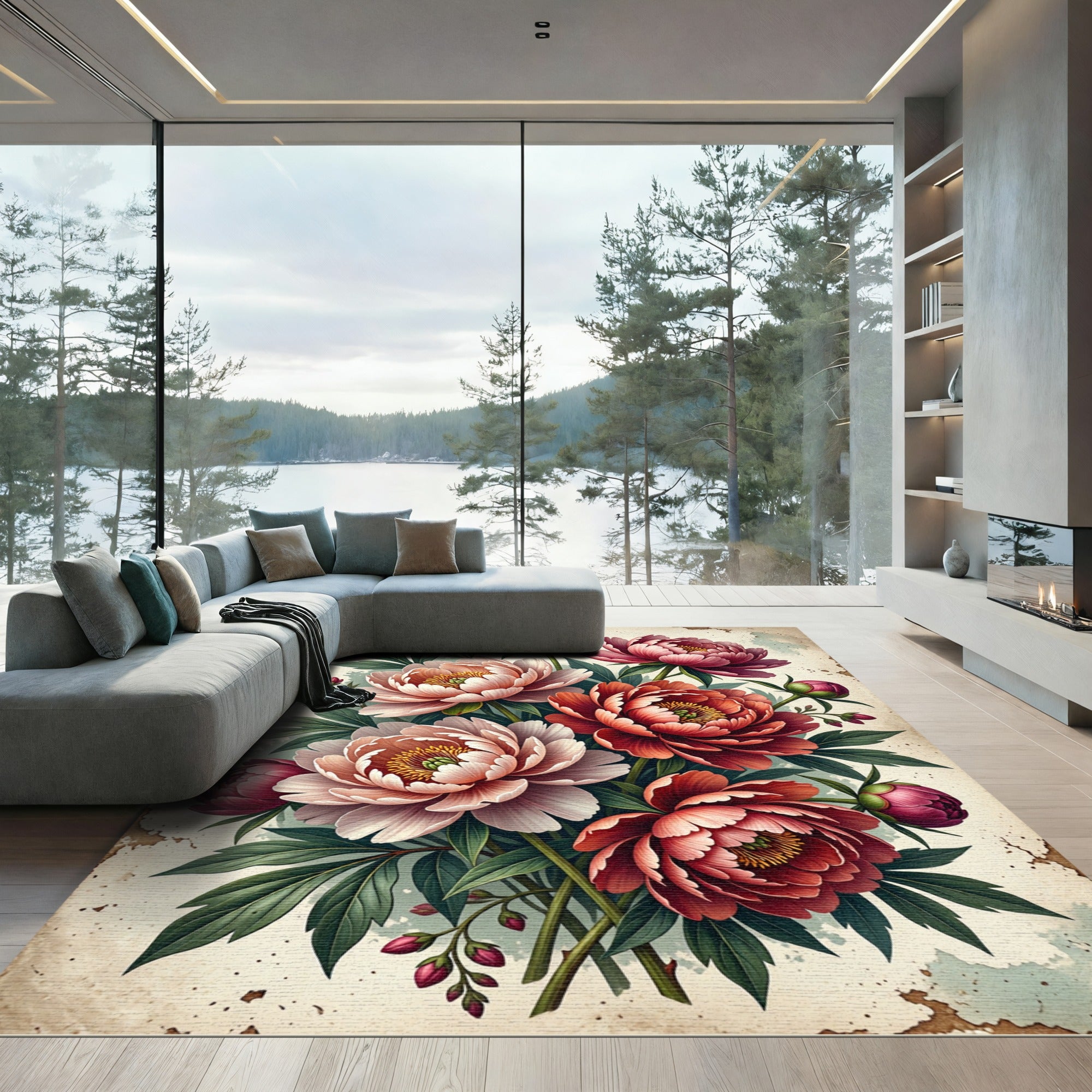 Elegant Pink Peony Floral Botanical Arrangement Rug