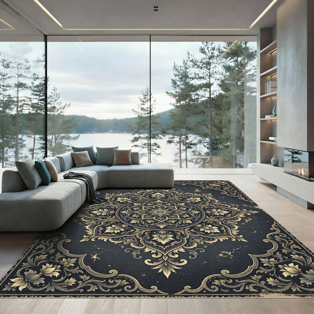 Elegant Charcoal Gold Ornate Floral Medallion Rug