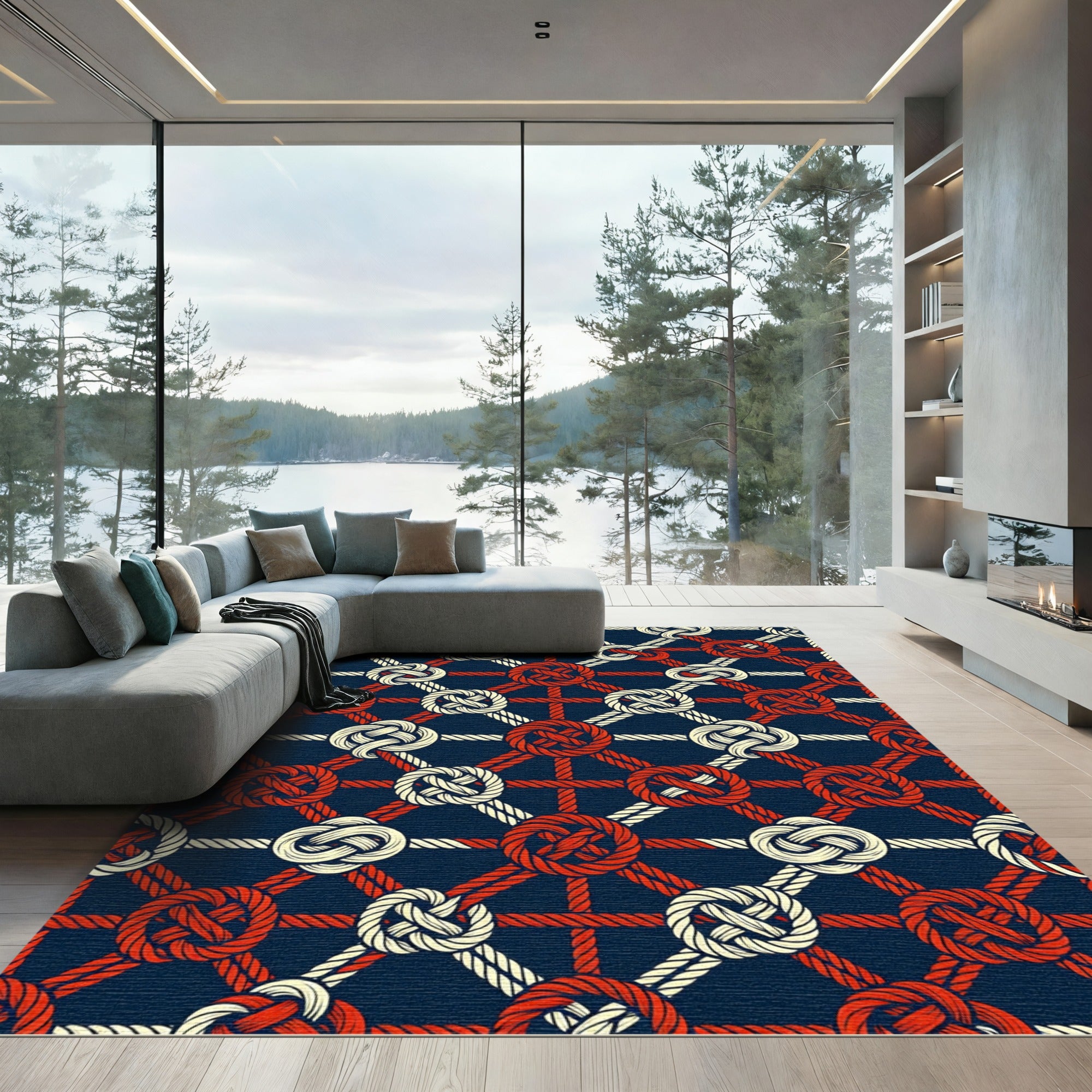 Navy Blue Nautical Knot Geo Grid Rug