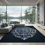 Ornate Navy Damask Filigree Medallion Rug
