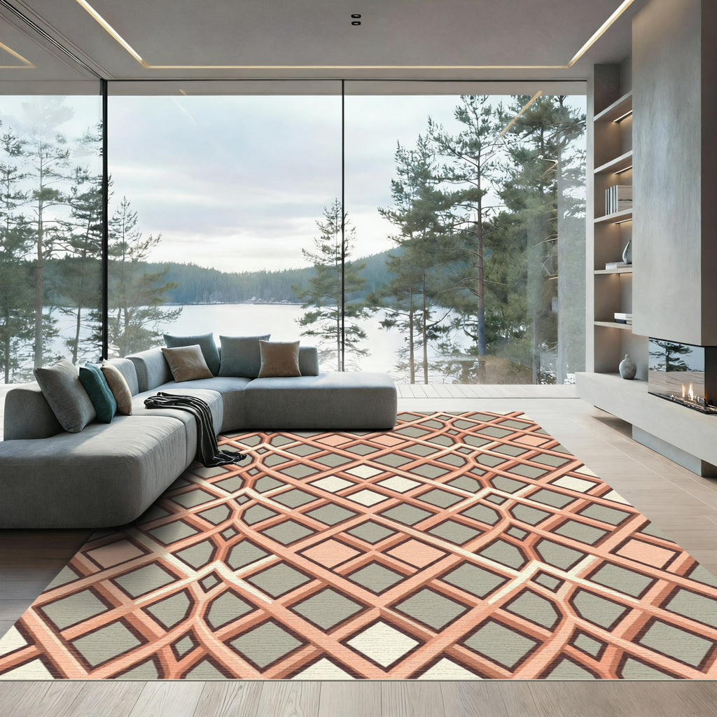 Mid Century Peach and Sage Geometric Grid Rug